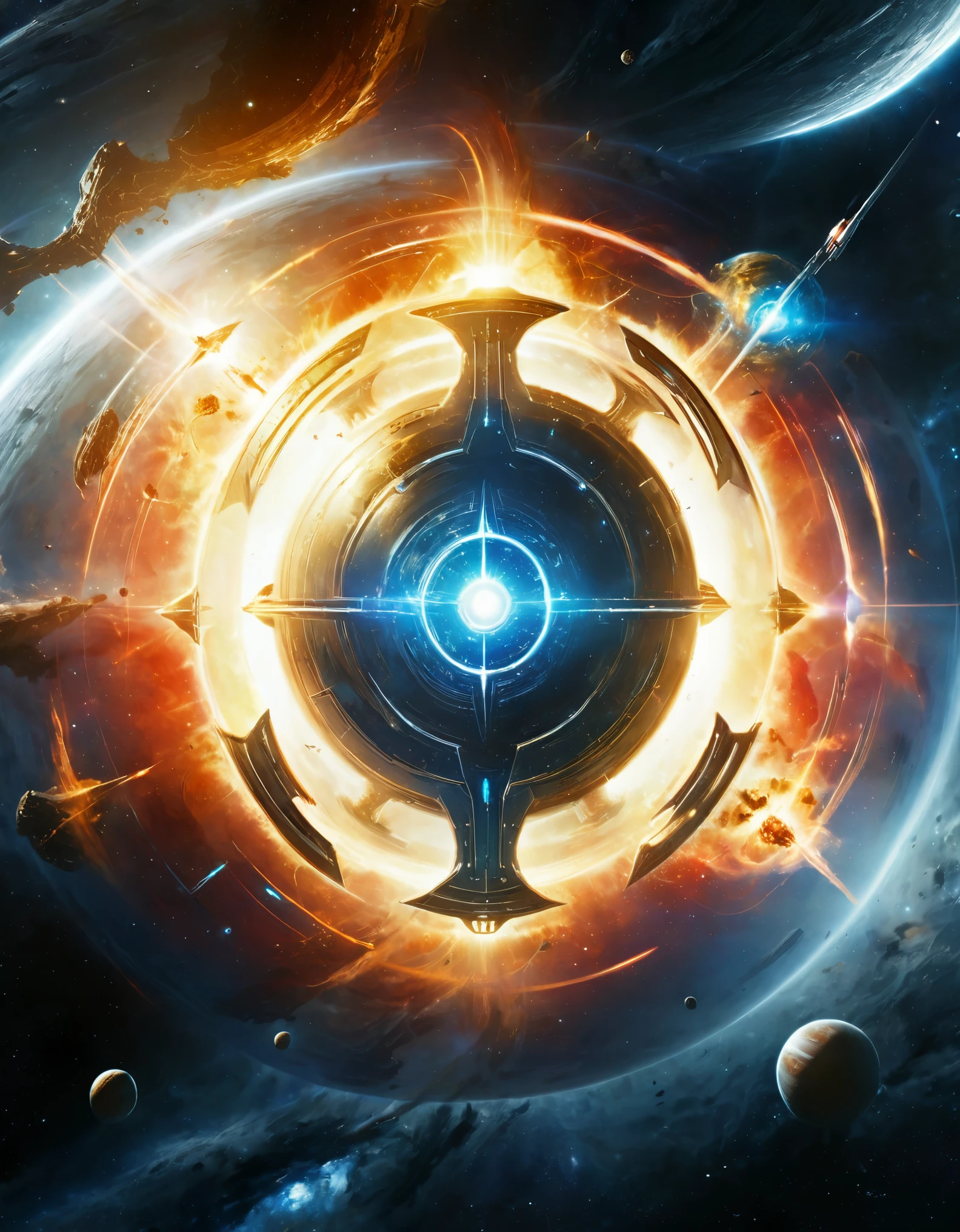 a vibrant, detailed poster featuring characters from a classic science fiction TV series. The poster should include a space background with stars and planets, with a prominent, bright star on the left side. The top part of the poster features the main characters' faces: a confident leader with slicked-back hair, a serious, logical figure with pointed ears, a smiling, kind-faced doctor, a stern engineer holding a technical device, a graceful communications officer with a bouffant hairstyle, a determined helmsman, and a youthful navigator. Each character should be wearing a distinct uniform with different colored shirts (blue, yellow, red). The background transitions from deep space blue on the left to fiery orange and red on the right, indicating an explosion or space battle. There are also several spaceship silhouettes in the background, and at the bottom, a detailed spacecraft (NCC-1701) hovers over a glowing planet. The title "Star Trek" is prominently displayed at the bottom in bold, futuristic lettering.