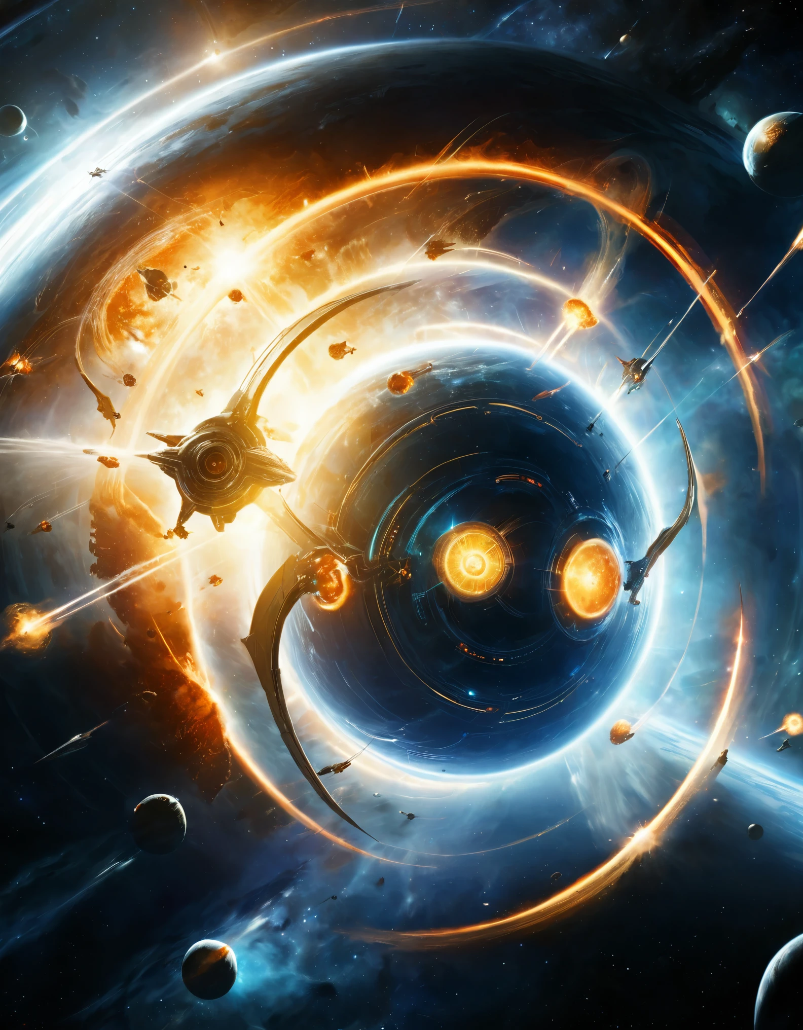 a vibrant, detailed poster featuring characters from a classic science fiction TV series. The poster should include a space background with stars and planets, with a prominent, bright star on the left side. The top part of the poster features the main characters' faces: a confident leader with slicked-back hair, a serious, logical figure with pointed ears, a smiling, kind-faced doctor, a stern engineer holding a technical device, a graceful communications officer with a bouffant hairstyle, a determined helmsman, and a youthful navigator. Each character should be wearing a distinct uniform with different colored shirts (blue, yellow, red). The background transitions from deep space blue on the left to fiery orange and red on the right, indicating an explosion or space battle. There are also several spaceship silhouettes in the background, and at the bottom, a detailed spacecraft (NCC-1701) hovers over a glowing planet. The title "Star Trek" is prominently displayed at the bottom in bold, futuristic lettering.