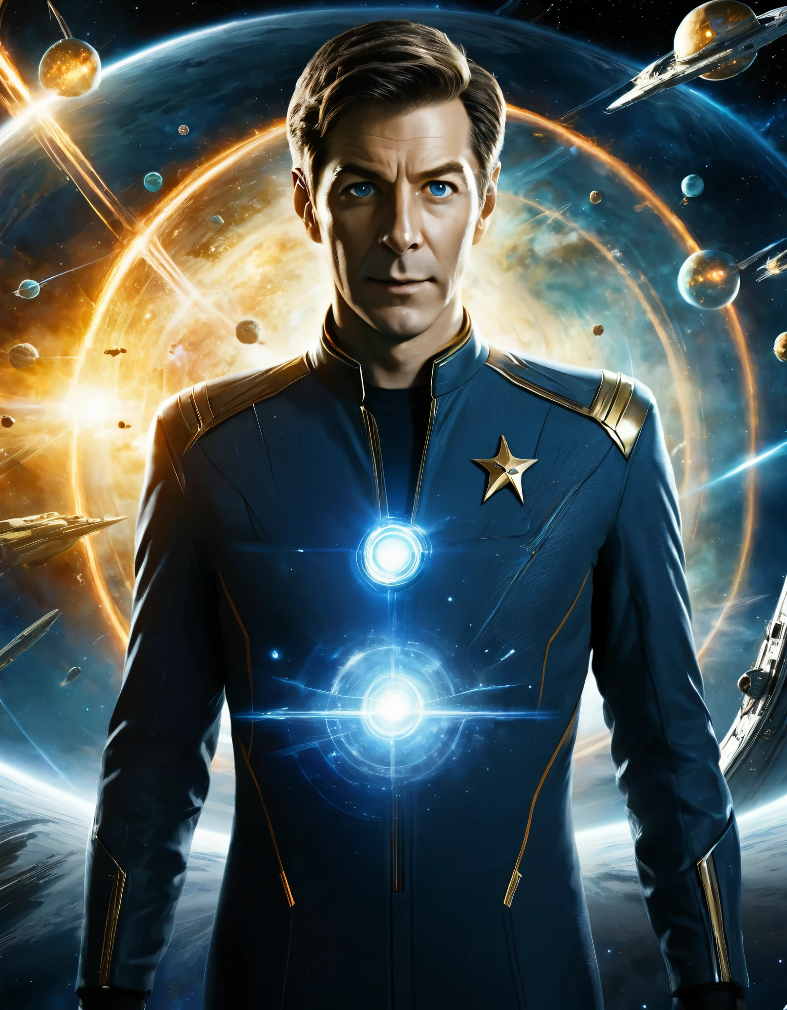 a vibrant, detailed poster featuring characters from a classic science fiction TV series. The poster should include a space background with stars and planets, with a prominent, bright star on the left side. The top part of the poster features the main characters' faces: a confident leader with slicked-back hair, a serious, logical figure with pointed ears, a smiling, kind-faced doctor, a stern engineer holding a technical device, a graceful communications officer with a bouffant hairstyle, a determined helmsman, and a youthful navigator. Each character should be wearing a distinct uniform with different colored shirts (blue, yellow, red). The background transitions from deep space blue on the left to fiery orange and red on the right, indicating an explosion or space battle. There are also several spaceship silhouettes in the background, and at the bottom, a detailed spacecraft (NCC-1701) hovers over a glowing planet. The title "Star Trek" is prominently displayed at the bottom in bold, futuristic lettering.
