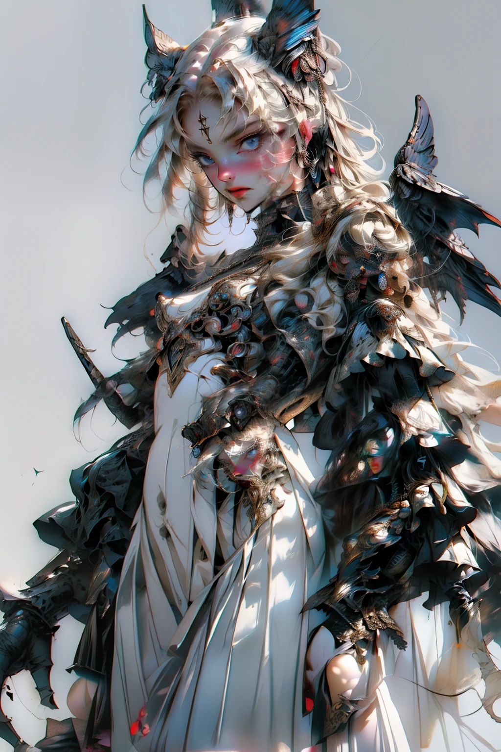 ((best quality)), ((masterpiece)), (detailed), blank white background, plain background, white background, Bloodborne inspired,  occult aesthetic, occult, detailed and intricate steampunk and detailed gothic, NSFW, Very dramatic and cinematic lighting, cosmic horror, grim-dark, side-lighting, perfect face, a beaituful goddess valkyrie adorned and enshrined in armour, Bloodborne inspired valkyrie, occult aesthetic valkyrie, occult valkyrie, detailed and intricate steampunk and detailed gothic valkyrie, NSFW, Fluttering lace flared long knee length dress with frilly petticoats, knee length dress, pleated petticoats, lolita dress, petticoats gothic lolita, side-lighting, gothic lolita aesthetic, beautiful small breasts, small breasts, full body, whole body, body, plain background, white background, blank background, no background, white background