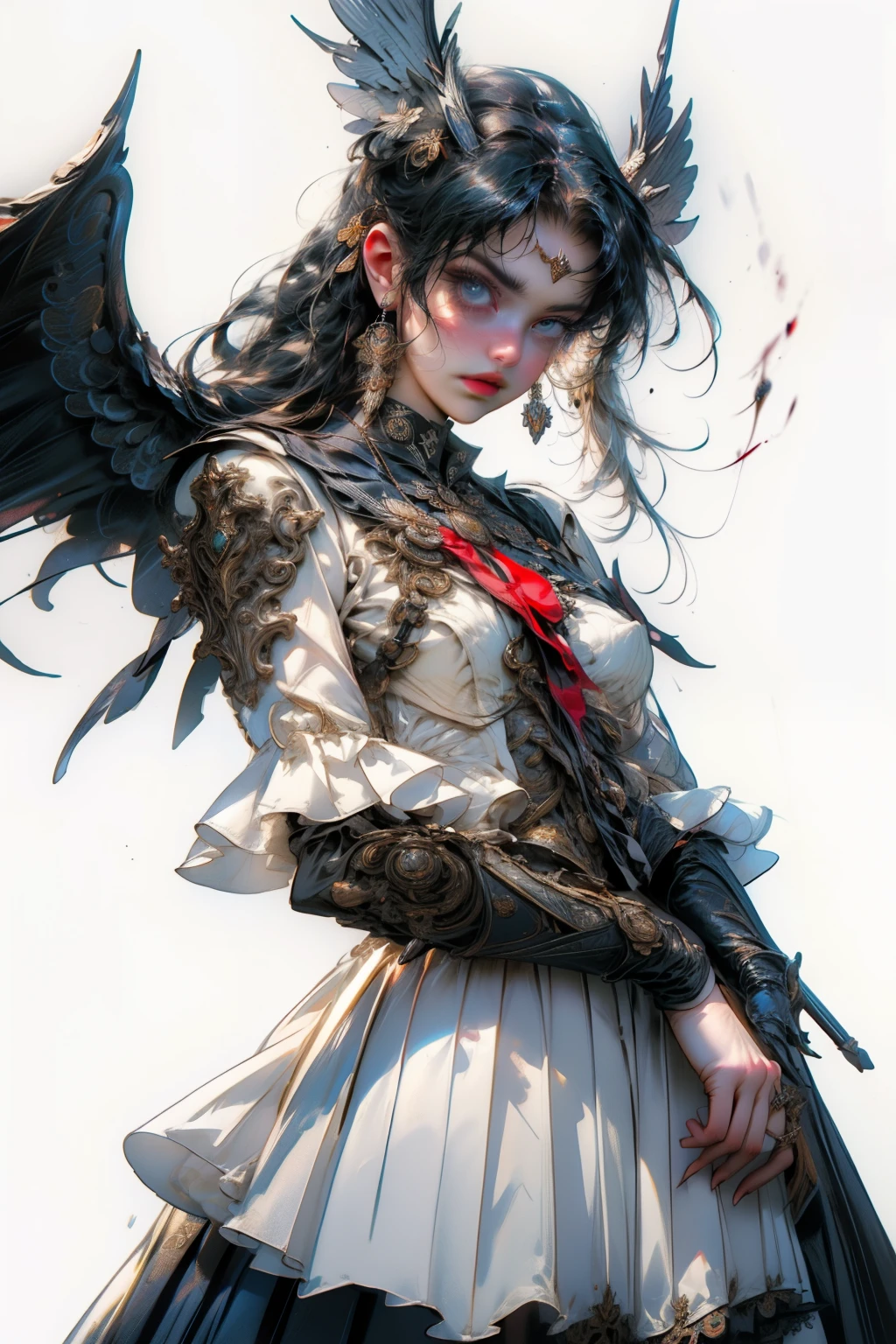 ((best quality)), ((masterpiece)), (detailed), blank white background, plain background, white background, Bloodborne inspired, occult aesthetic, occult, detailed and intricate steampunk and detailed gothic, NSFW, Very dramatic and cinematic lighting, cosmic horror, grim-dark, side-lighting, perfect face, a beaituful goddess valkyrie adorned and enshrined in armour, Bloodborne inspired valkyrie, occult aesthetic valkyrie, occult valkyrie, detailed and intricate steampunk and detailed gothic valkyrie, NSFW, Fluttering lace flared long knee length dress with frilly petticoats, knee length dress, pleated petticoats, lolita dress, petticoats gothic lolita, side-lighting, gothic lolita aesthetic, beautiful small breasts, small breasts, full body, whole body, body, plain background, white background, blank background, no background, white background