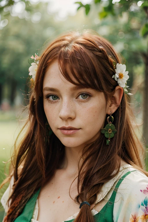 (Watercolor: 1.2), elven princess, flower, freckles, bang, redhead, long hair, green eyes, hair between eyes, flower earrings, blurred background, a high resolution  