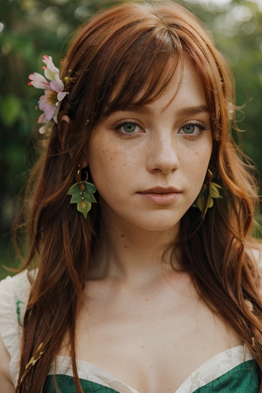 (Watercolor: 1.2), elven princess, flower, freckles, bang, redhead, long hair, green eyes, hair between eyes, flower earrings, blurred background, a high resolution
