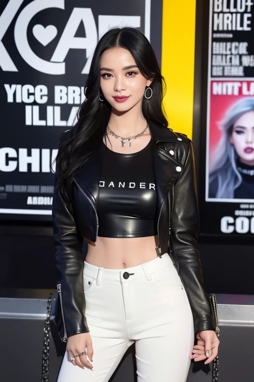 (((medium full shot))), (Masterpiece, photorealistic, photorealism, best quality, ultra-detailed:1.3), (nice hands, perfect hands), official art, cinematic light, (1girl:1.3), naughty face, asymmetrical legwear, thigh strap, tanlines, bikini, detailed backround, looking at viewer, eye eye contact, strong blush, shevenom, corruption, claws, corrupted, dark lips, smirk, navel piercing, black corset, glowing yellow eyes, big smile, chained, chained wrists, tanned, comic cover, comic, floating heart, chaines, chained, chained arms, movie poster, black hair, multicolored hair, white hair, long sleeves, navel, jewelry, earrings, midriff, pants, necklace, hair over one eye, crop top, tattoo, makeup, black pants, cross, gothic, leather jacket, leather boots, on leg up, skyscrapers in the background, city
