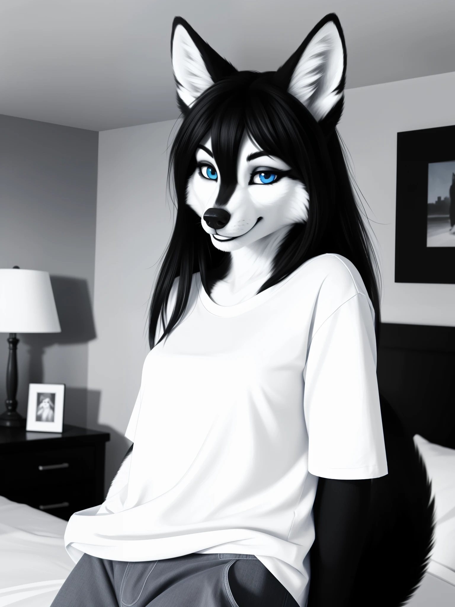 Posing, background in colour, Female, 30 years old, cute, eyeliner, long hair, biting lip smile, blue shirt, bedroom eyes, anthro, wolf ears, (black and white fur:1.5), baggy shirt, wolf, indoors, 8k, hi res, (best quality, masterpiece), blue eyes, wolf tail