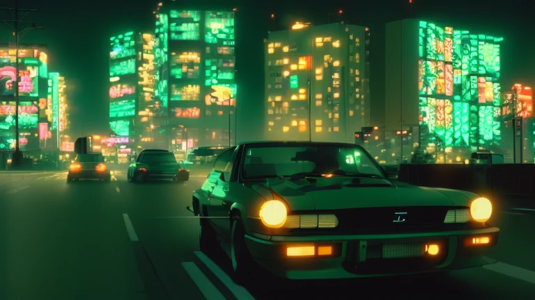 Car driving down a street at night with buildings in the background, Initial D Anime screenshot, Lo-fi hip hop, Anime-style streetscape, Tokyo Anime Scene, Chill Hop, Art Deco takes over anime aesthetics, Retro Anime Images, Lo-fi art style, Initial D Anime, Anime movie screenshots, GTA Chinatown Art Style, Anime movie stills