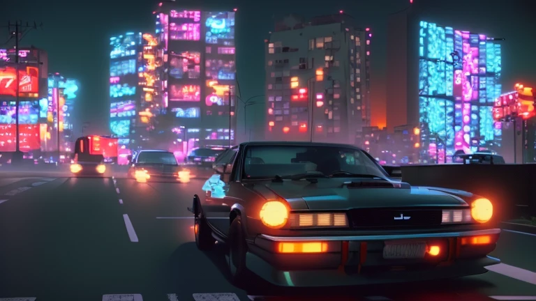 Car driving down a street at night with buildings in the background, Initial D Anime screenshot, Lo-fi hip hop, Anime-style streetscape, Tokyo Anime Scene, Chill Hop, Art Deco takes over anime aesthetics, Retro Anime Images, Lo-fi art style, Initial D Anime, Anime movie screenshots, GTA Chinatown Art Style, Anime movie stills