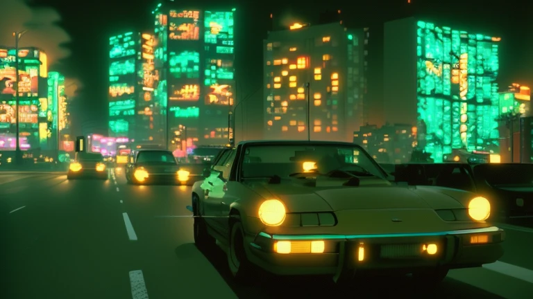 Car driving down a street at night with buildings in the background, Initial D Anime screenshot, Lo-fi hip hop, Anime-style streetscape, Tokyo Anime Scene, Chill Hop, Art Deco takes over anime aesthetics, Retro Anime Images, Lo-fi art style, Initial D Anime, Anime movie screenshots, GTA Chinatown Art Style, Anime movie stills