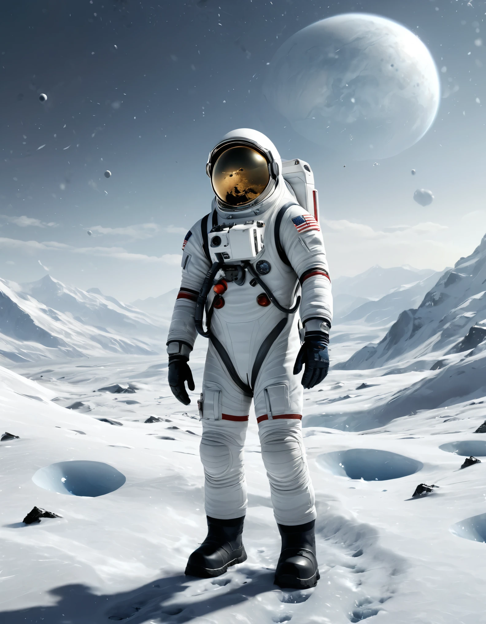 A realistic, detailed image of an astronaut standing on a snowy alien planet. The astronaut is wearing a white spacesuit with black accents and a helmet with a clear visor, revealing a determined expression. The spacesuit features various patches and details, including an American flag patch on the left arm. The background consists of a cold, icy landscape with towering mountains covered in snow. Snowflakes are falling gently around the astronaut, adding to the cold, wintery atmosphere. The sky is overcast, with muted, greyish tones, enhancing the desolate and remote feeling of the scene. The overall mood is one of exploration and resilience in a harsh, uninhabitable environment.