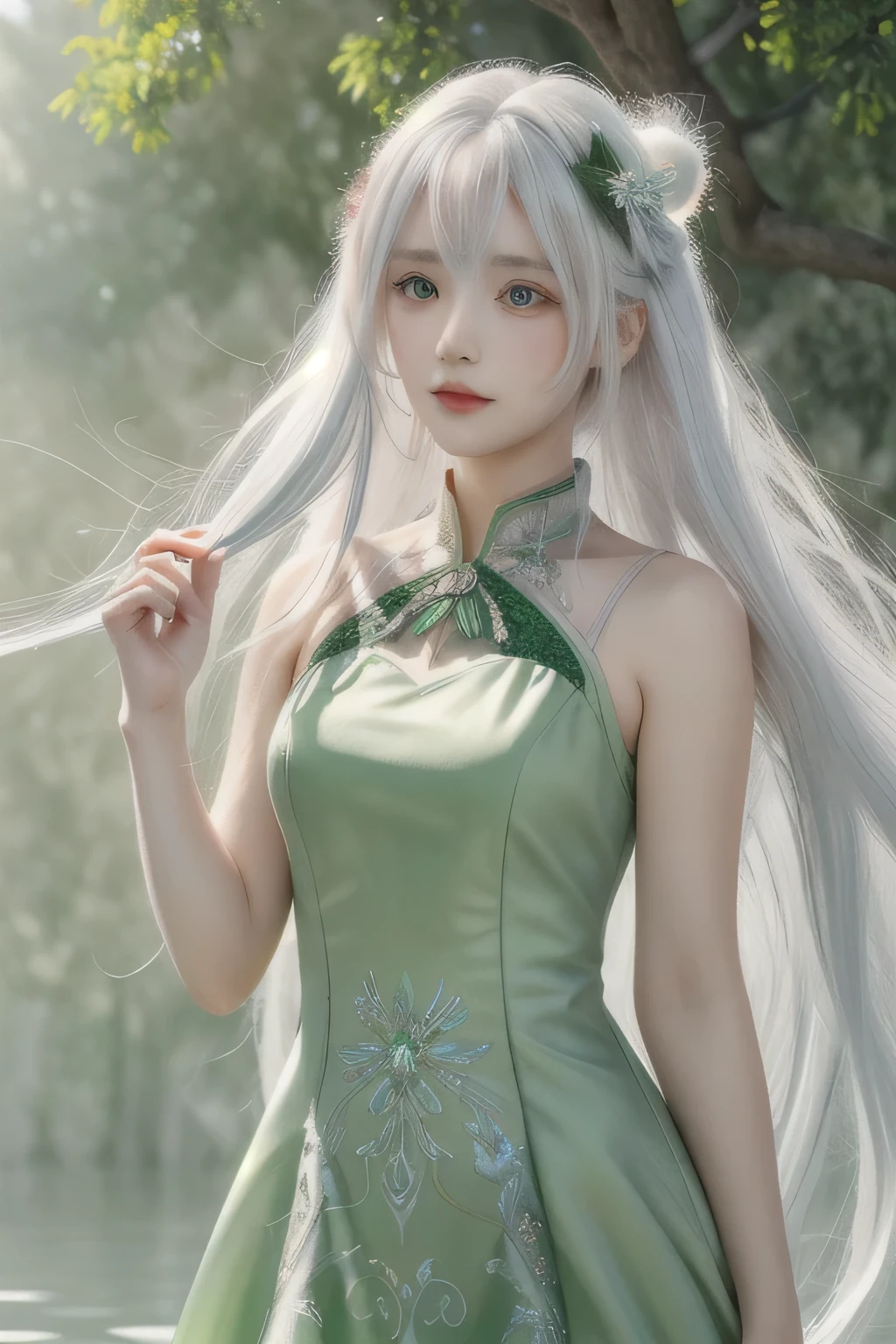 ((best quality)), ((masterpiece)),,((ultra-detailed)), extremely detailed CG, , (an extremely delicate and beautiful), 1girl, solo, ((cute face)),(beautiful detailed eyes), red eyes,white hair, shiny hair, colored inner hair,Ice rose,Ice hair ornaments,adorns,, [ice crystal],, crystal,((floating hair)), ((caustic)),((disheveled hair)),watercolor_(medium),detailed background,fluttered detailed splashs, full body view, wearing a beautifull green color weading dress, ((dress color is green)), standing near a tree