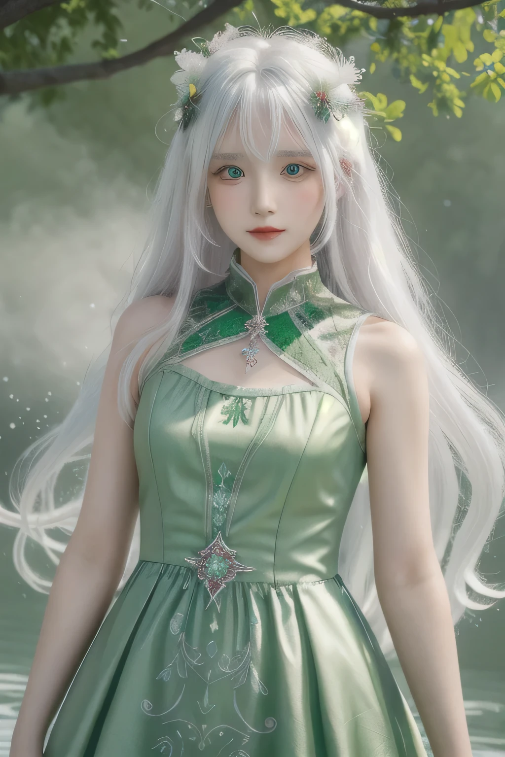 ((best quality)), ((masterpiece)),,((ultra-detailed)), extremely detailed CG, , (an extremely delicate and beautiful), 1girl, solo, ((cute face)),(beautiful detailed eyes), red eyes,white hair, shiny hair, colored inner hair,Ice rose,Ice hair ornaments,adorns,, [ice crystal],, crystal,((floating hair)), ((caustic)),((disheveled hair)),watercolor_(medium),detailed background,fluttered detailed splashs, full body view, wearing a beautifull green color weading dress, ((dress color is green)), standing near a tree