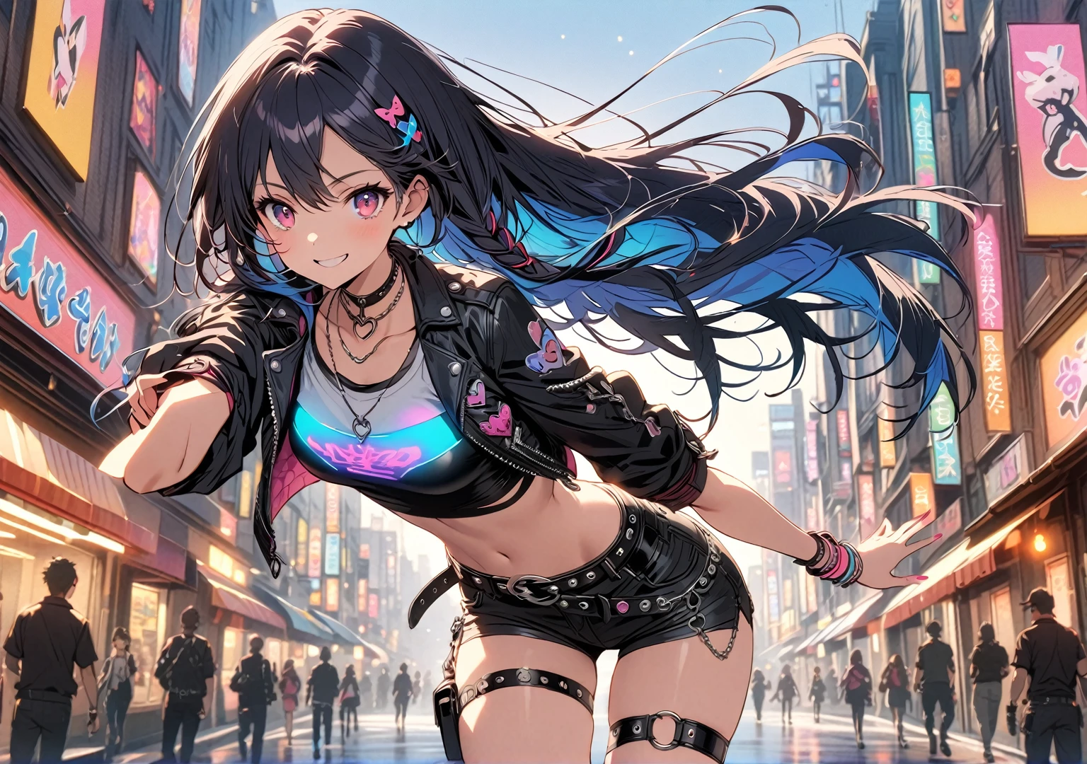 A masterpiece of an anime girl stands tall, exuding confidence and elegance. She looks directly at the viewer with a happy, smiling face and ruby-red eyes. Her silky skin glistens in the light, showcasing her perfect physique. She wears a two-tone crop top and short shorts, paired with a red cropped jacket and black short shorts. A leather choker and bracelets adorn her neck and wrist. Her deep blue hair cascades down her back, with shiny blue inner hair and neon glow undertones. She models a punk belt and thigh strap on her right leg, adding to her edgy yet kawaii style. The background is a vibrant street scene, with bright colors and beautiful outdoor space, perfectly framing the stunning girl in front.