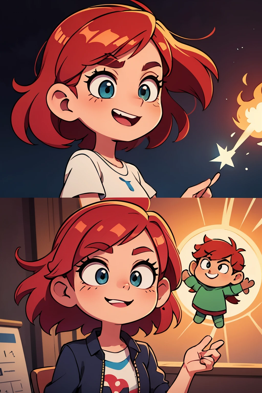 Create a Cartoon Network style drawing like Star vs. Forces of Evil, Personagem de Cabelo Vermelho:
Cabelo: Vermelho, com franja cobrindo um dos olhos.
Olhos: A visible eye with eyelashes.
Expression: Sorriso gentil.
Red hair suggests passion and energy. Essa personagem pode ser impulsiva e intensa. Her gentle smile indicates that she is friendly and helpful.