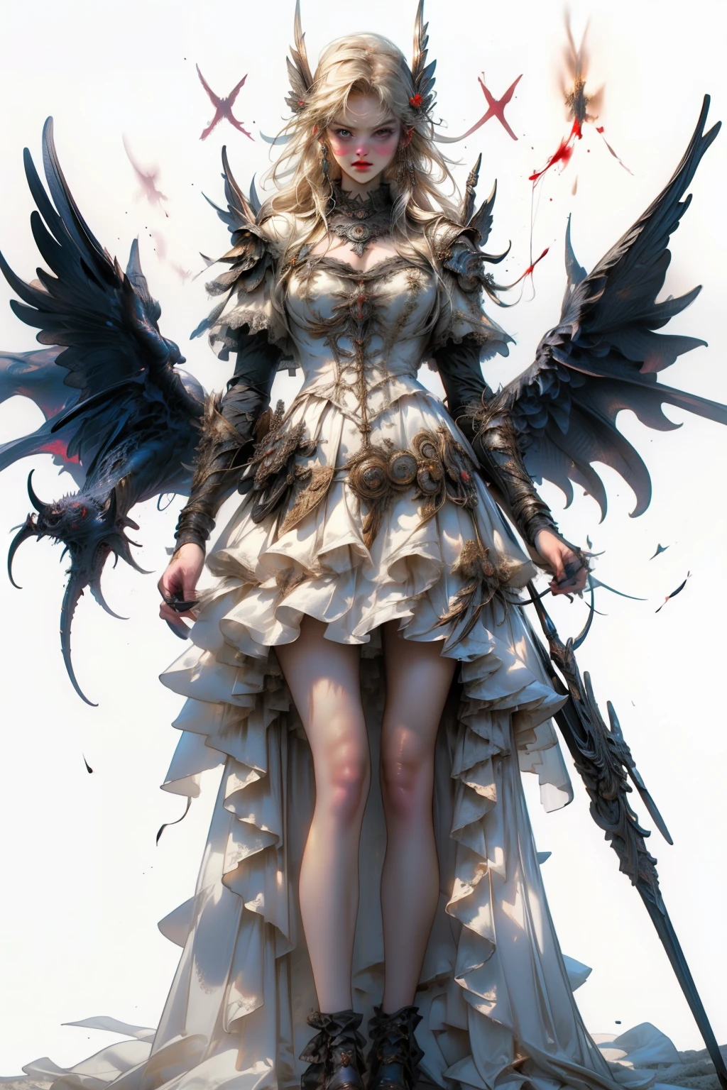 ((best quality)), ((masterpiece)), (detailed), blank white background, plain background, white background, Bloodborne inspired, occult aesthetic, occult, detailed and intricate steampunk and detailed gothic, NSFW, Very dramatic and cinematic lighting, cosmic horror, grim-dark, side-lighting, perfect face, a beaituful goddess valkyrie adorned and enshrined in armour, Bloodborne inspired valkyrie, occult aesthetic valkyrie, occult valkyrie, detailed and intricate steampunk and detailed gothic valkyrie, NSFW, Fluttering lace flared long knee length dress with frilly petticoats, knee length dress, pleated petticoats, ta dress, petticoats gothic loliside-lighting, gothic lolita aetic, beautiful small breasts, small breasts, full body, whole body, body, plain background, white background, blank background, no background, white background