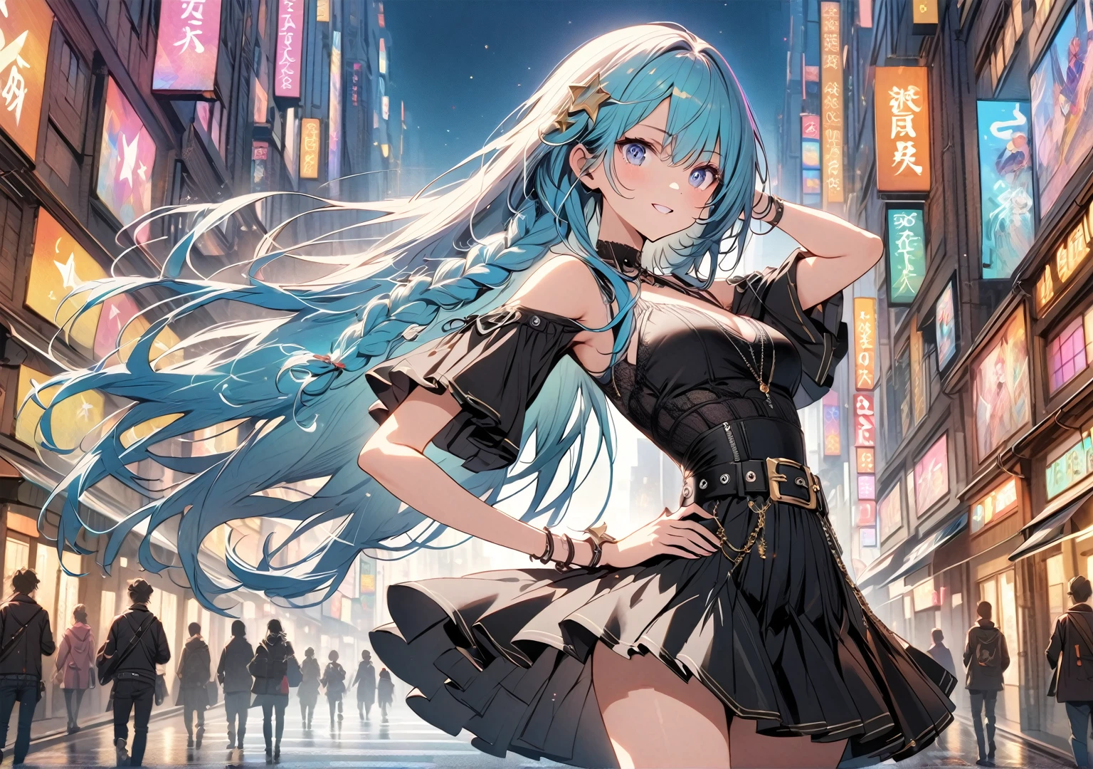 Here's a masterpiece prompt for an anime-style image: A beautiful young woman with long, flowing aquamarine hair and deep blue eyes stands confidently in the midst of a vibrant street scene, her radiant smile captivating the viewer. Her striking features are accentuated by light makeup and delicate jewelry. She wears a stunning aquamarine and black corset with crossed braids, a pleated skirt, and black miniskirt adorned with star drawings. A punk belt cinches at her waist, and she strikes a model pose with one leg crossed over the other, heel up, hand in her hair, and hand on her hip. Her silky skin glows under the bright lights of the street scene, where colorful buildings and lively atmosphere create a lively backdrop.