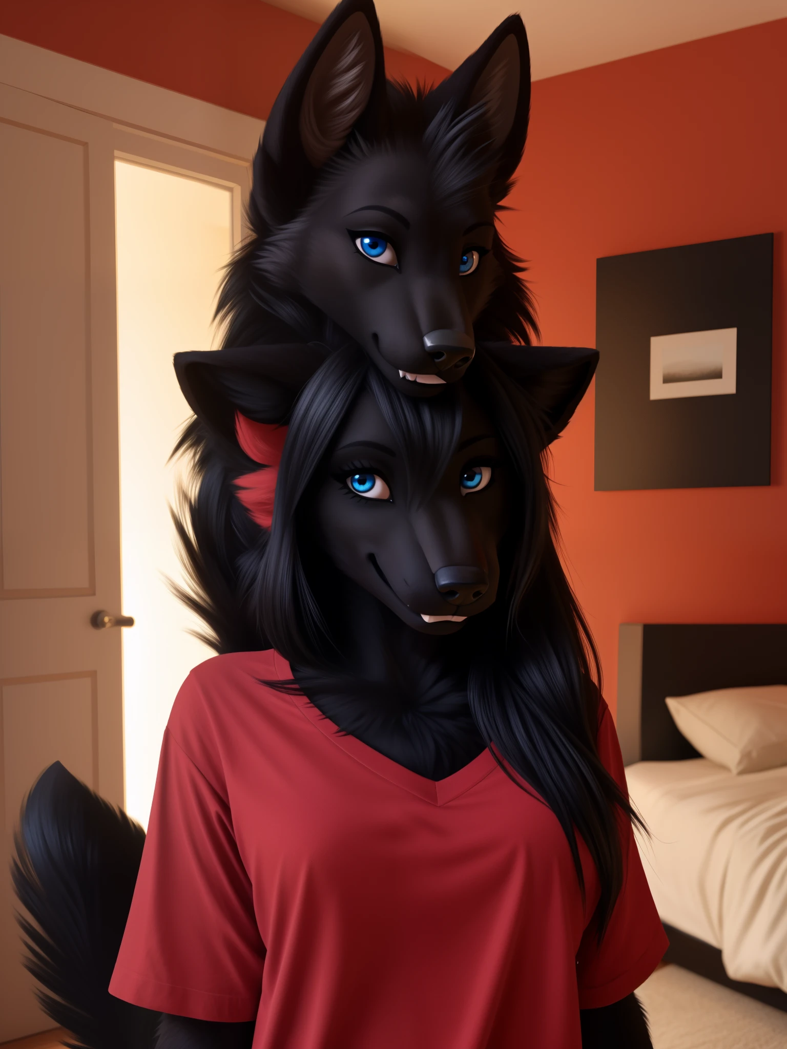 Posing, Female, 30 years old, cute, eyeliner, long hair, biting lip smile, red shirt, bedroom eyes, anthro, wolf ears, (black fur:1.5), baggy shirt, wolf, indoors, 8k, hi res, (best quality, masterpiece), blue eyes