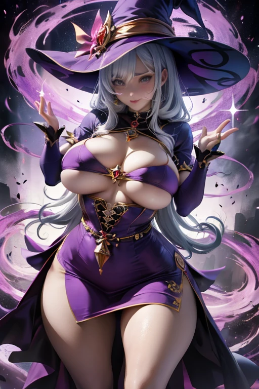 witch, big breast, spell casting pose, sexy dress