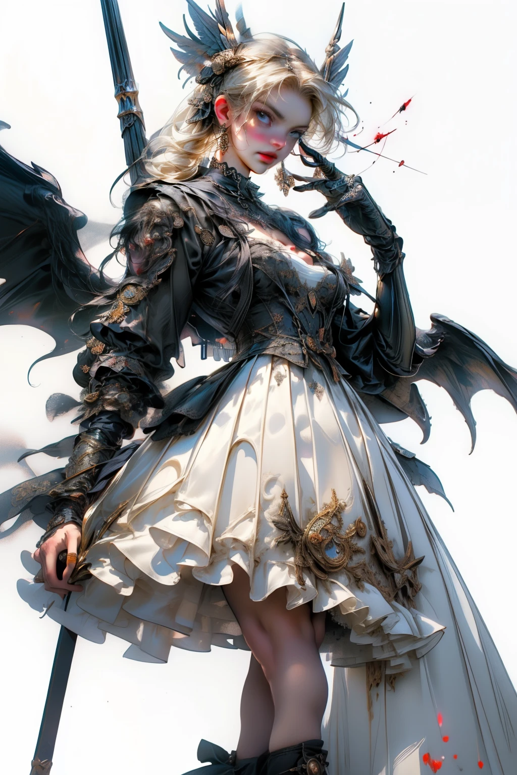 ((best quality)), ((masterpiece)), (detailed), blank white background, plain background, white background, Bloodborne inspired, occult aesthetic, occult, detailed and intricate steampunk and detailed gothic, NSFW, Very dramatic and cinematic lighting, cosmic horror, grim-dark, side-lighting, perfect face, a beaituful goddess valkyrie adorned and enshrined in armour, Bloodborne inspired valkyrie, occult aesthetic valkyrie, occult valkyrie, detailed and intricate steampunk and detailed gothic valkyrie, NSFW, Fluttering lace flared long knee length dress with frilly petticoats, knee length dress, pleated petticoats, lolita dress, petticoats gothic lolita, side-lighting, gothic lolita aesthetic, beautiful small breasts, small breasts, full body, whole body, body, plain background, white background, blank background, no background, white background