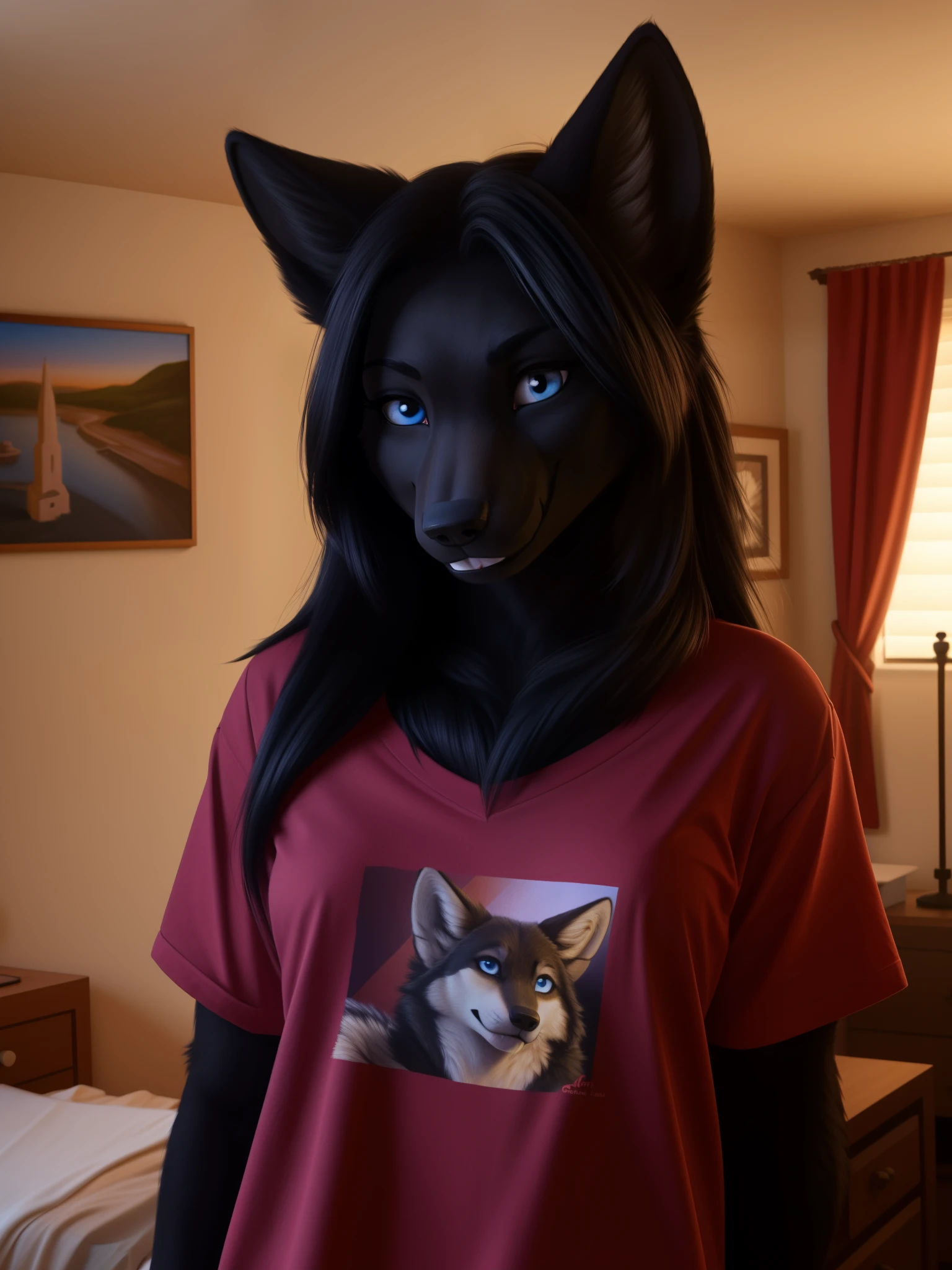 Posing, Female, 30 years old, cute, eyeliner, long hair, biting lip smile, red shirt, bedroom eyes, anthro, wolf ears, (black fur:1.5), baggy shirt, wolf, indoors, 8k, hi res, (best quality, masterpiece), blue eyes