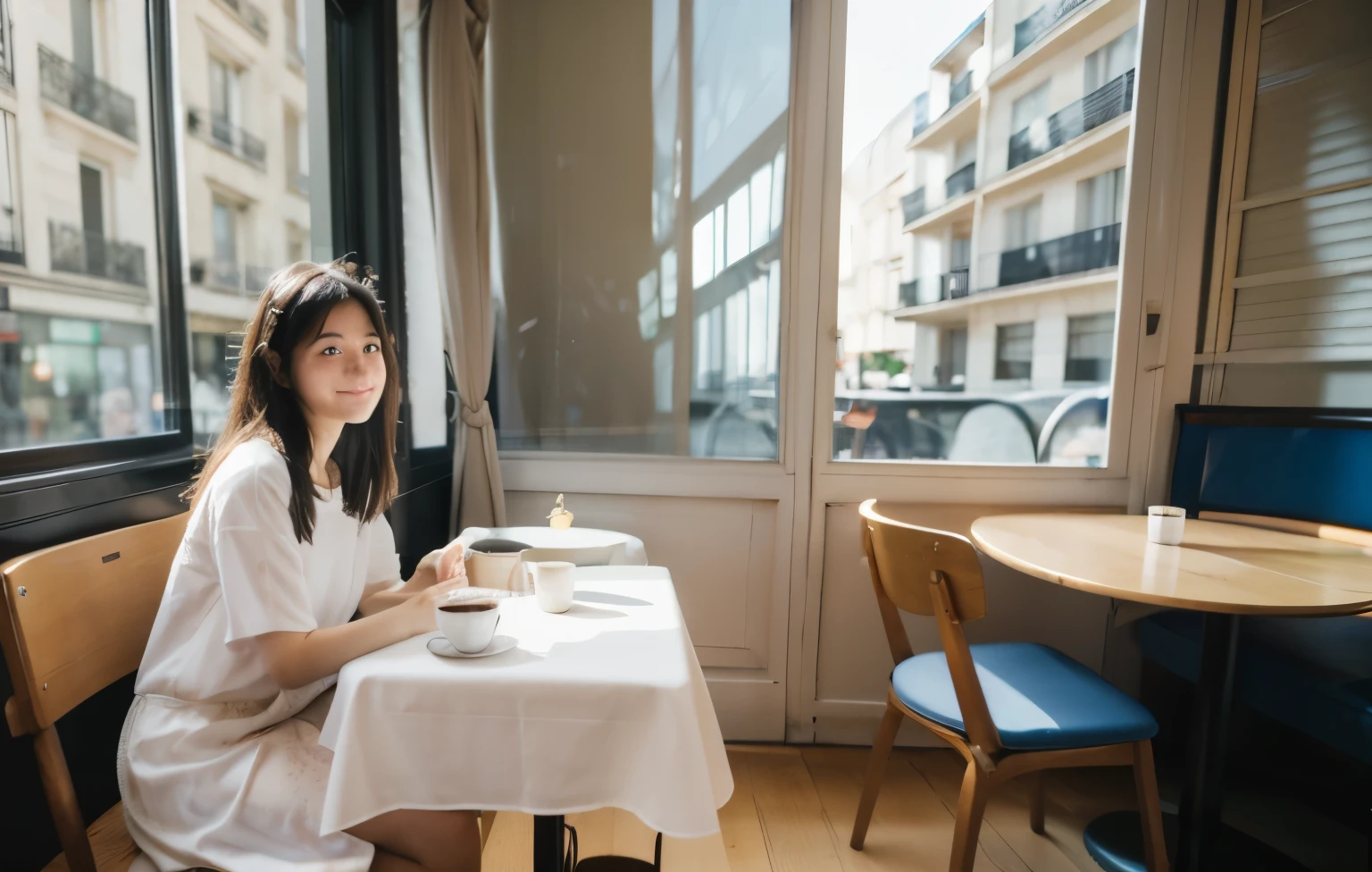 Mood photo for advertising, a 16 yo Japanese girl sitting inside a cafe, at a round-shape coffee table with blue-white-patched table cloth, wide shot from far , in paris, morning sunshine from window, photorealistic, looking at camera 