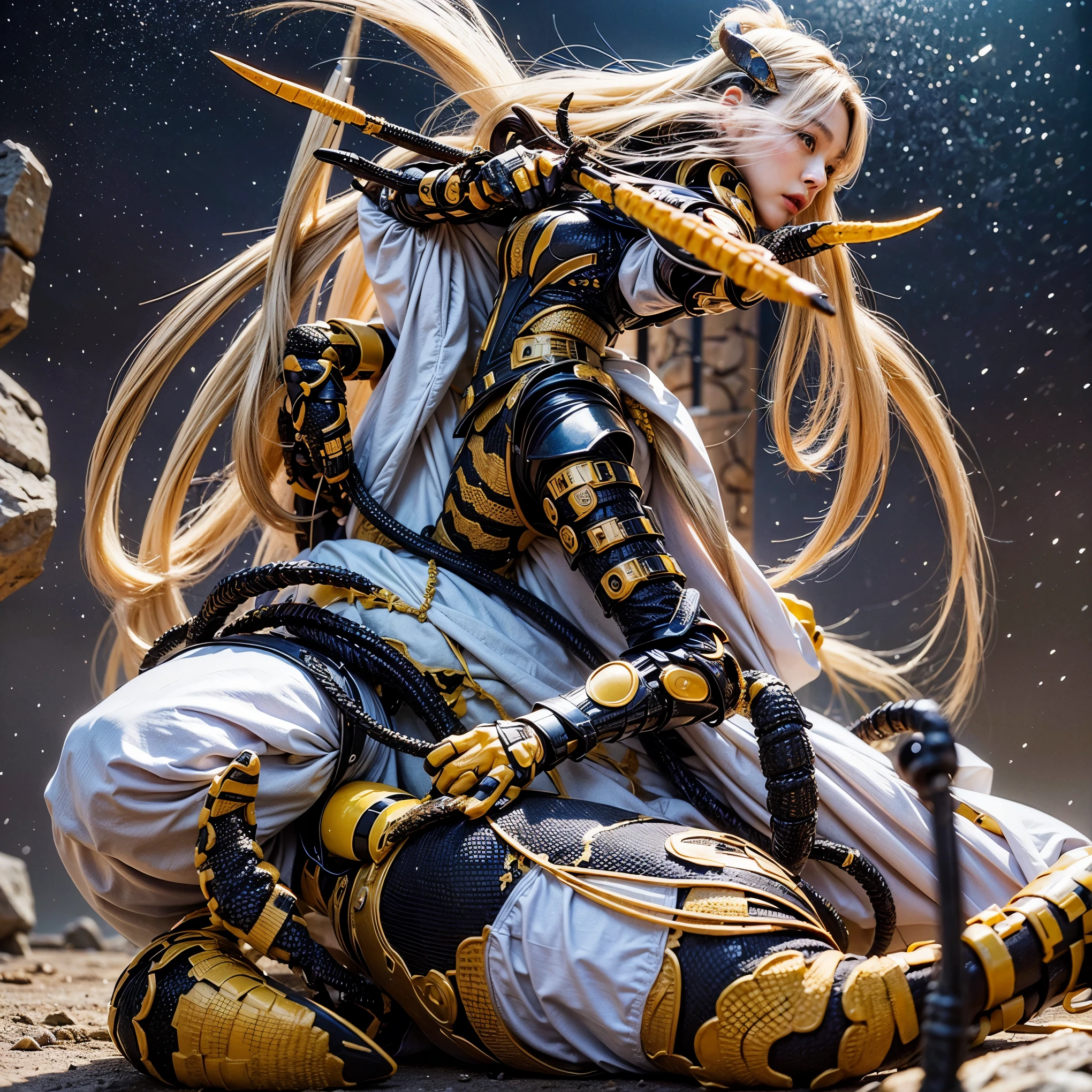 (high resolution,masterpiece,best quality,extremely detailed CG,),(japanese femal soldier), photorealistic,  amazing fine details, all intricate, gloss and shiny,awesome many layers, 8k, ultimately realistic face, villainess, (fusion of scorpion and lady:1.4), (scorpion form lady:1.2), (scorpion lady:1.2), (fusion:1.2), (scorpion exoskeleton bio insect armor:1.4), fighting pose, (whole body picture), dystopia with a beautiful view