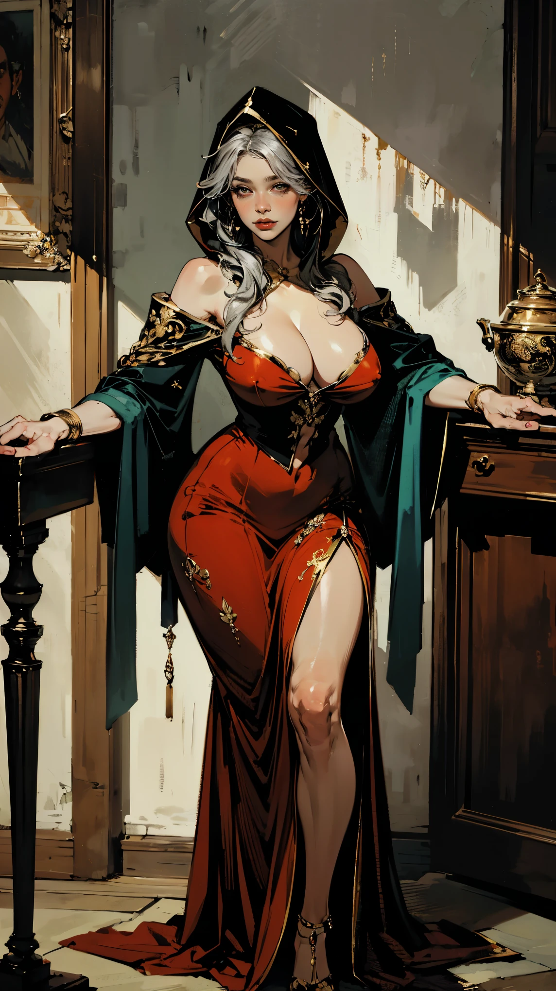 NSFW, best quality (4K, high resolution, masterpiece:1.2), ultra-detailed, realistic (photo-realistic:1.37), Ilaria, the Reverend Mother of the Holy Faith, authoritative spiritual guide, portrait, ((alluring milf)), (attractive mature woman), ((wearing elegant red velvet robes with golden embroidery signifying her high rank)), (Perfect round and perky breasts), ((provocative and formfitting costume)), wise yet soulful gaze, deep brown eyes, poised stance, ((elegant silver hair coiled under her hood)), serene and commanding aura with a hint of wisdom, deep blue and gold color scheme, sharp focus, perfect, sacred lighting, confident, serene demeanor, emotive smile, powerful divine magic and spiritual energy radiating from her eyes, holy temple with a peaceful, inspiring background, tranquil yet empowering atmosphere, inspired by fantasy art and divine mythology, emphasizing her allure, wisdom, and spiritual authority, meticulous attention to facial details showcasing her age and wisdom, striking visual impact, expressive yet authoritative facial features, supernatural elements blended with a serene reality, (exceptionally detailed:1.3), super finely detailed and gentle hands, ultra finely detailed fingers (ten fingers), suggestive, inspiring posing, full body showcase, no logos in the background.