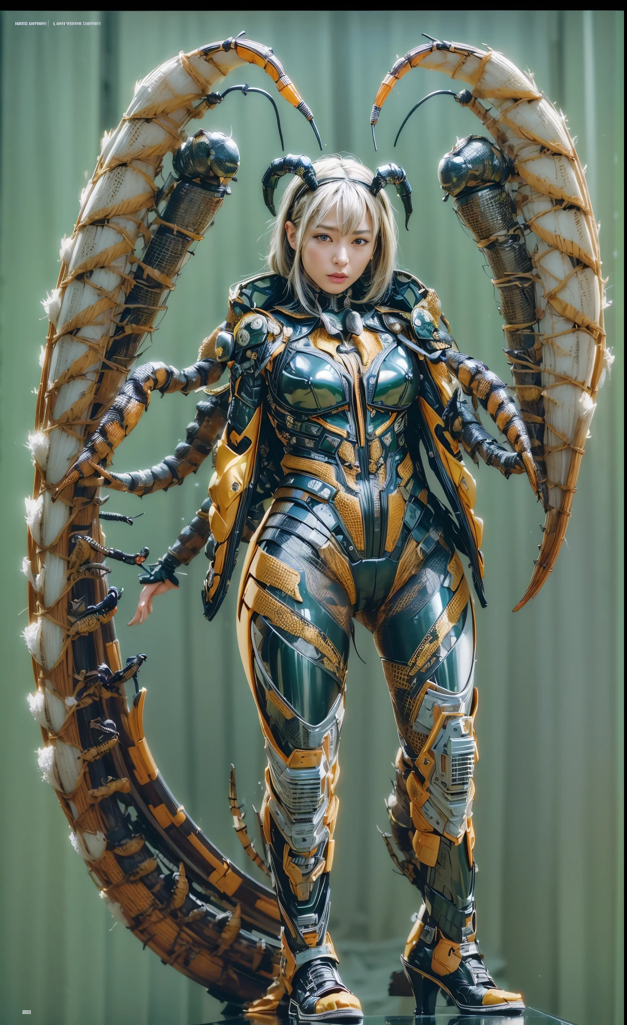 (high resolution,masterpiece,best quality,extremely detailed CG,),(japanese femal soldier), photorealistic, amazing fine details, all intricate, gloss and shiny,(whole body picture), awesome many layers, 8k, ultimately realistic face, villainess, (fusion of scorpion and lady:1.4), (scorpion form lady:1.2), (scorpion lady:1.2), (fusion:1.2), (scorpion exoskeleton bio insect suit:1.4), fighting pose, , dystopia with a beautiful view