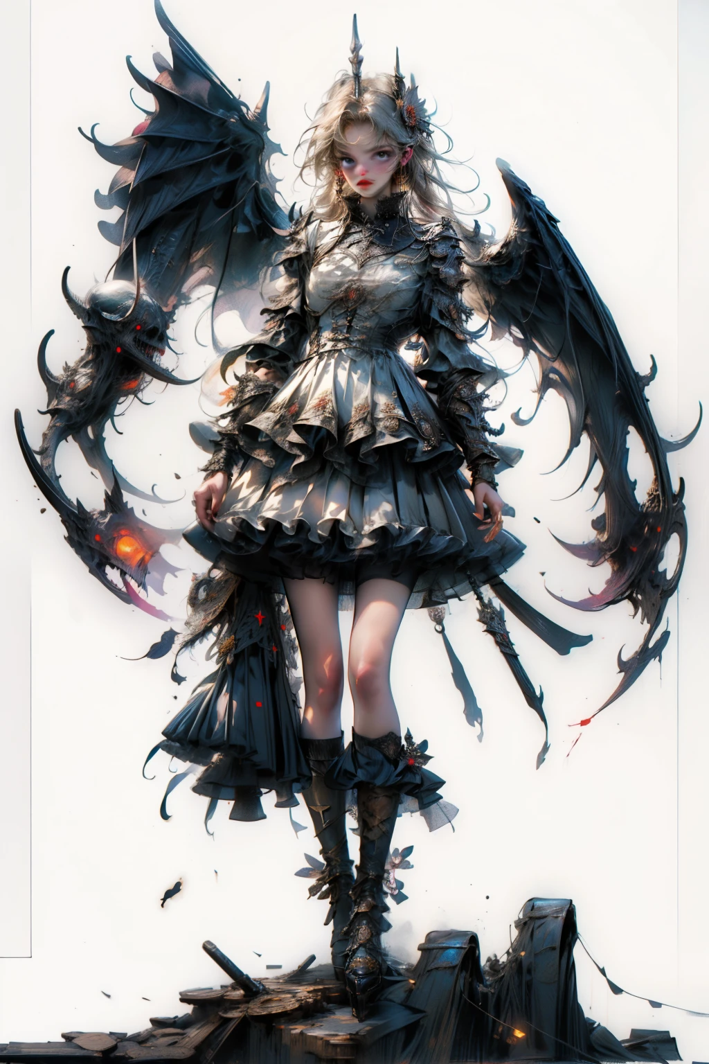 ((best quality)), ((masterpiece)), (detailed), blank white background, plain background, white background, Bloodborne inspired,  occult aesthetic, occult, detailed and intricate steampunk and detailed gothic, NSFW, Very dramatic and cinematic lighting, cosmic horror, grim-dark, side-lighting, perfect face, a beaituful goddess valkyrie adorned and enshrined in armour, Bloodborne inspired valkyrie, occult aesthetic valkyrie, occult valkyrie, detailed and intricate steampunk and detailed gothic valkyrie, NSFW, Fluttering lace flared long knee length dress with frilly petticoats, knee length dress, pleated petticoats, lolita dress, petticoats gothic lolita, side-lighting, gothic lolita aesthetic, beautiful small breasts, small breasts, full body, whole body, body, plain background, white background, blank background, no background, white background