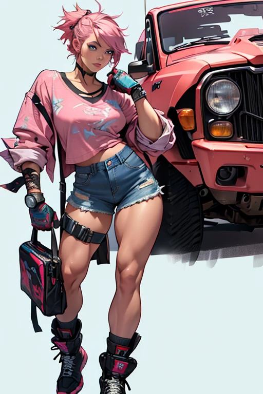 detailed and colorful sketch, realistic contour style, full body drawing, Tekken-style character, beautiful girl, fighter's physique, girl with British features, light blue eyes, short pink hair with dark roots, wearing a casual blouse and denim shorts, with punk gloves, robotic prosthetic left arm