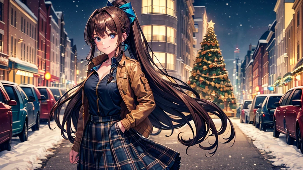 1girl, solo, full body, christmas, ((christmas tree)), street, night, lights, snow, long hair, brown hair, curly hair, ponytail, large breasts, button down, ((opened brown zipper jacket)), dark blue eyes, ((blue shirt)), ((checked shirt)), ((unbuttoned shirt)), ((long skirt)), smile, looking at the viewer, standing, hair ribbon