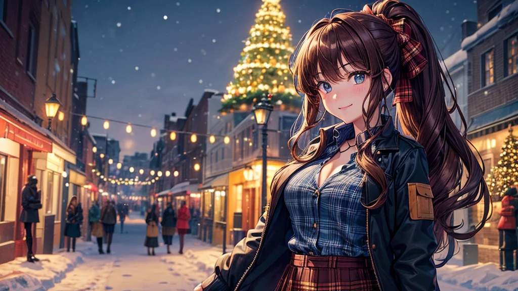 1girl, solo, full body, christmas, ((christmas tree)), street, night, lights, snow, long hair, brown hair, curly hair, ponytail, large breasts, button down, ((opened brown zipper jacket)), dark blue eyes, ((blue shirt)), ((checked shirt)), ((unbuttoned shirt)), ((long skirt)), smile, looking at the viewer, standing, hair ribbon