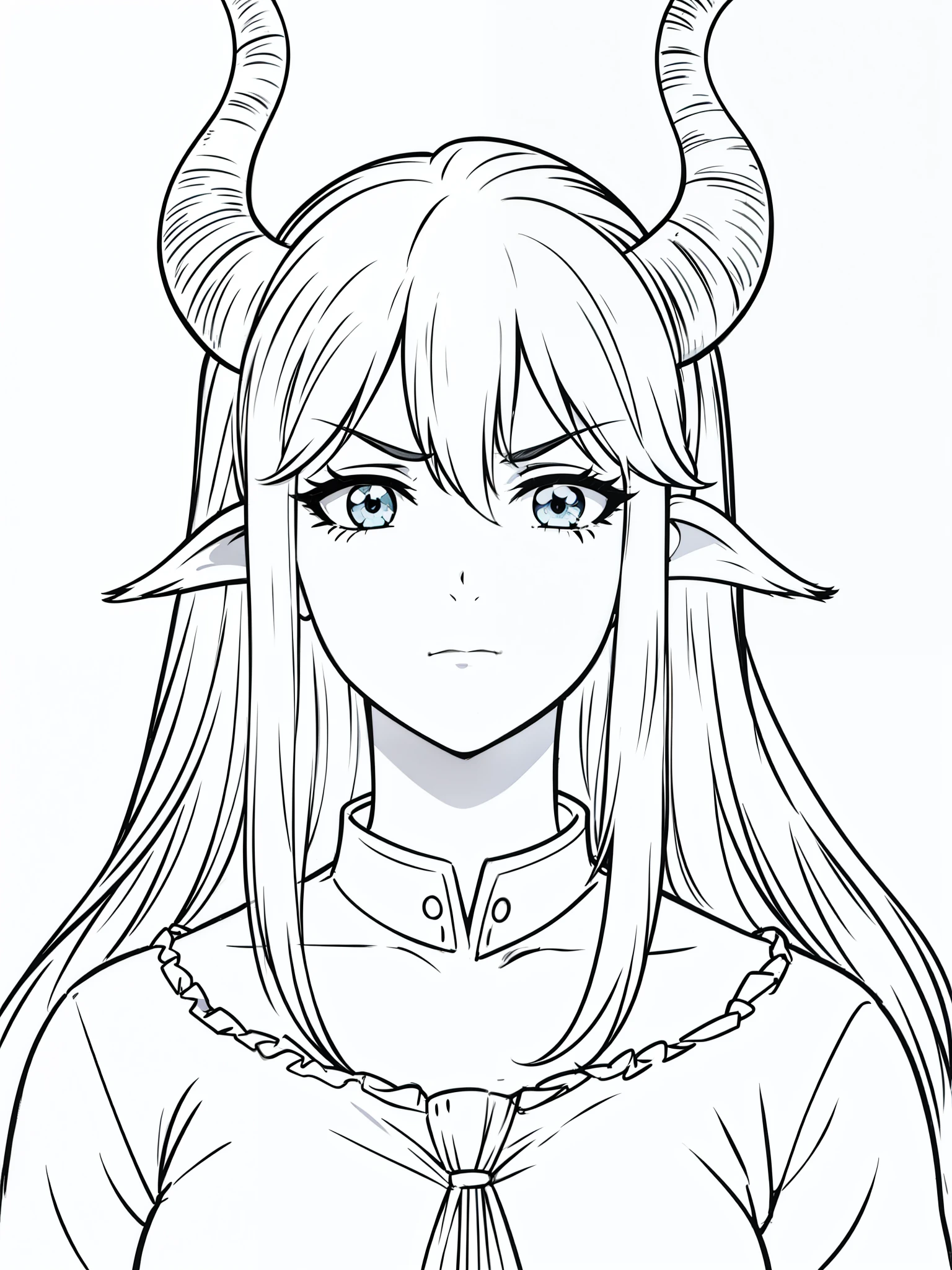 1girl,20s,horns,long hair,cathyl hair,portraitt,(white background,line drawing),seductive eyes,serious