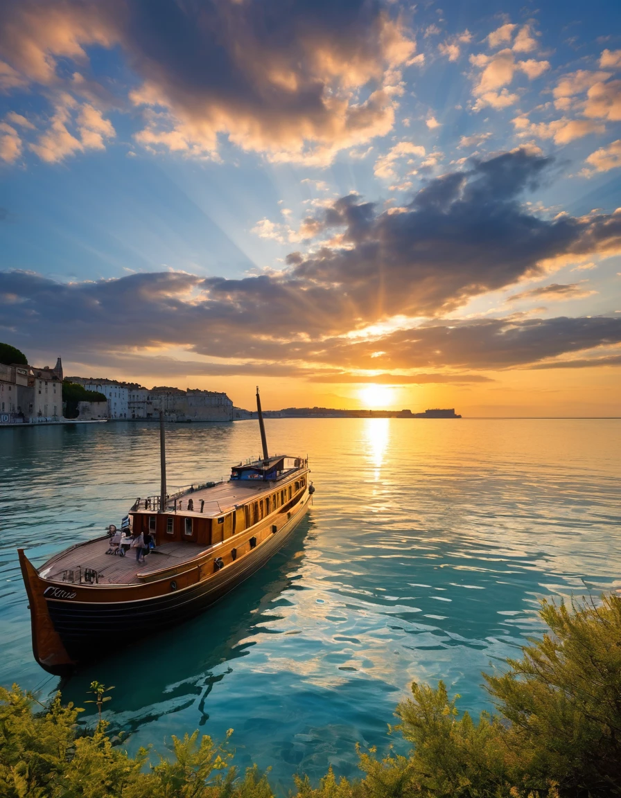 il y a un bateau qui flotte sur l'eau pres d'a chateau, Fantasy medieval town, epic RIVENDELL fantasy, RIVENDELL, highly detailed fantasy art, fantasy highly detailed, Medieval city, Highly detailed 4K digital art, peinture mate haute fantaisie, detailed fantasy art, 4K detail fantasy, a magical and lively city, detailed fantasy digital art