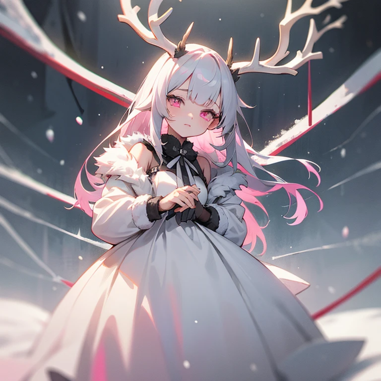 1 girl, , grey antlers, snow colored hair, pink eyes, dark grey fur, White Dress