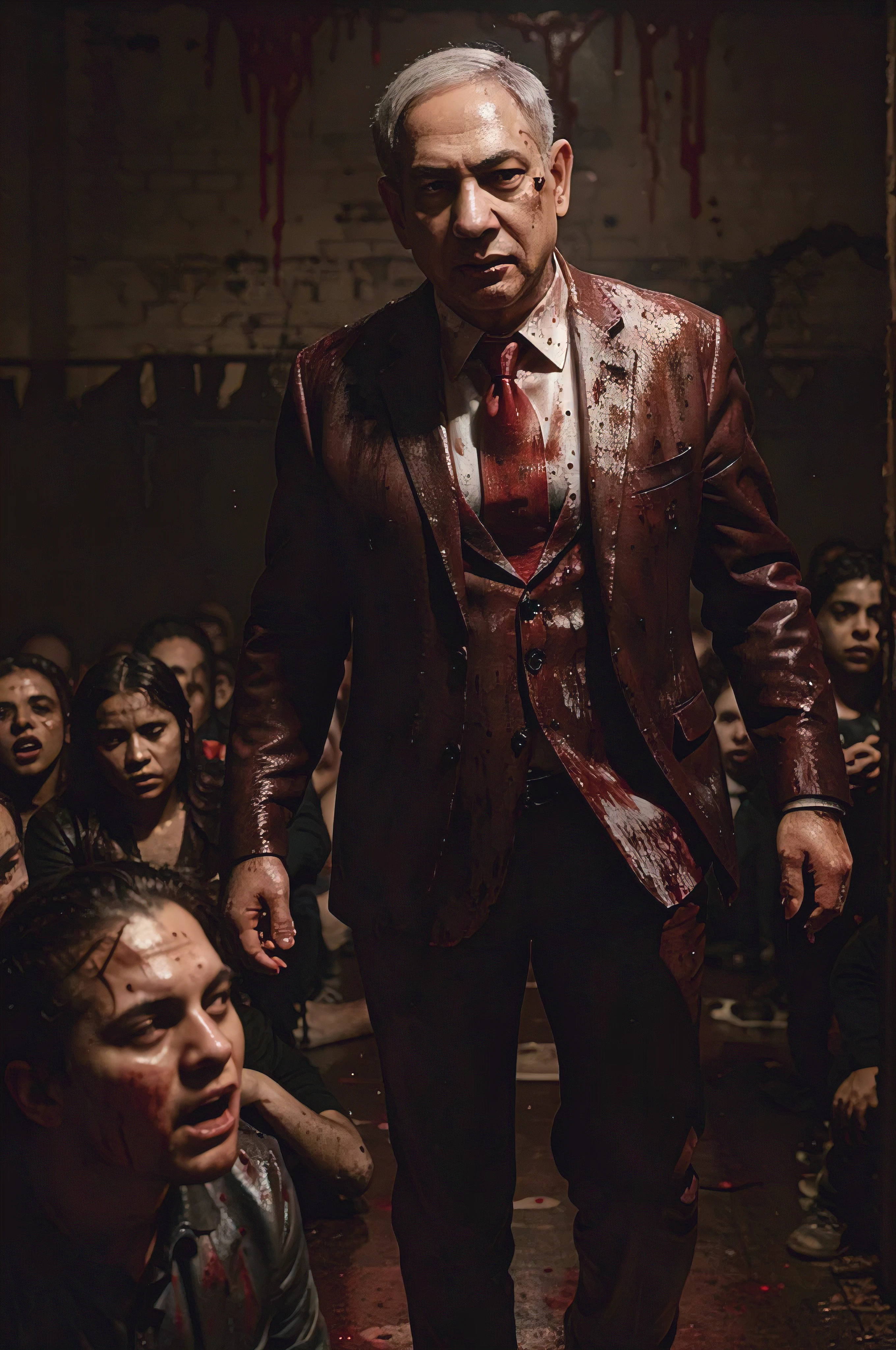 A harrowing, blood-soaked scene with Benjamin Netanyahu as the central figure, standing prominently amidst the bodies of 100 children. The ground around him is covered in large, dark pools of blood, and his suit is drenched and spattered with it. Blood streaks and splatters cover the walls and surfaces, enhancing the gruesome atmosphere. Netanyahu’s face and hands are smeared with blood, making him the unmistakable focal point of the image. The background features dramatic, movie-style lighting, casting deep shadows and highlighting the macabre setting, intensifying the sense of horror and despair. Above the scene, in bold, blood-red letters, the text headline reads: ‘The Criminal