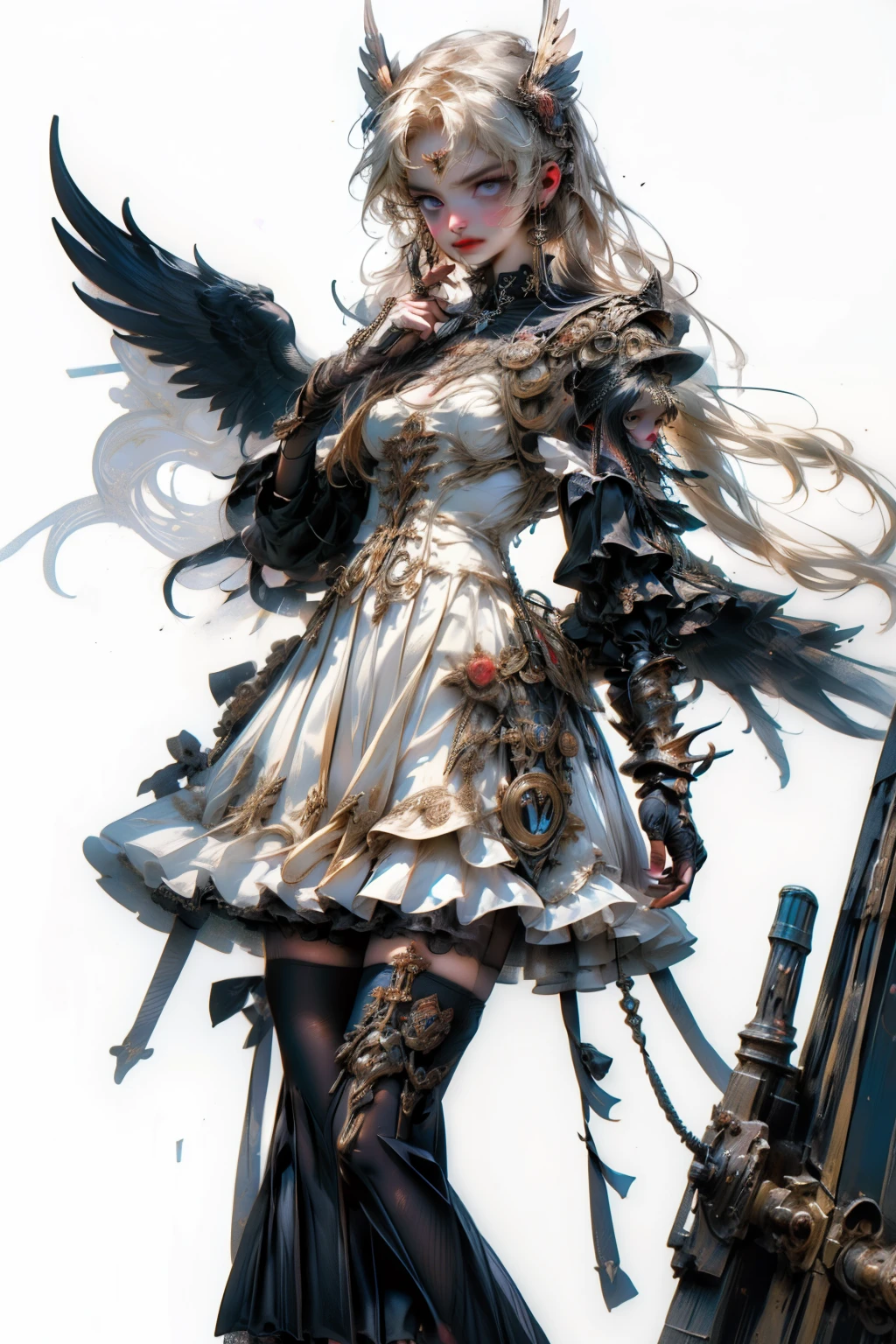 ((best quality)), ((masterpiece)), (detailed), blank white background, plain background, white background, Bloodborne inspired, occult aesthetic, occult, detailed and intricate steampunk and detailed gothic, NSFW, Very dramatic and cinematic lighting, cosmic horror, grim-dark, side-lighting, perfect face, a beaituful goddess valkyrie adorned and enshrined in armour, Bloodborne inspired valkyrie, occult aesthetic valkyrie, occult valkyrie, detailed and intricate steampunk and detailed gothic valkyrie, NSFW, Fluttering lace flared long knee length dress with frilly petticoats, knee length dress, pleated petticoats, lolita dress, petticoats gothic lolita, side-lighting, gothic lolita aesthetic, beautiful small breasts, small breasts, full body, whole body, body, plain background, white background, blank background, no background, white background