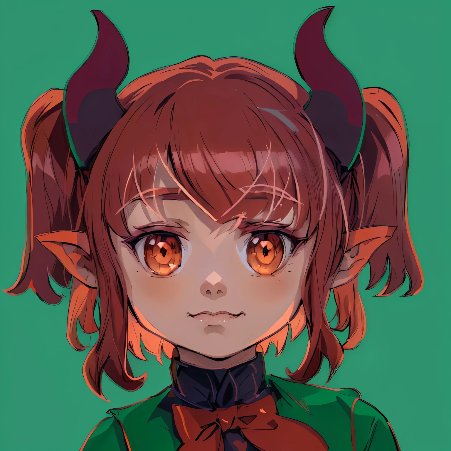 anime girl with red hair and horns in green shirt, demon girl, portrait of demon girl, with horns, tiefling, mika kurai demon, demon anime girl, mara demon, demon slayer rui fanart, in an anime style, oni horns, dnd portrait of a tiefling, girl design lush horns, portrait demon half human, demoness, horns and red eyes