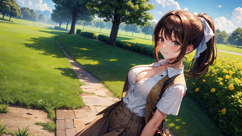 1girl, full body, solo, summer, village, trees, sun, clouds, ((brown hair)), ponytail, large breasts, ((brown vest)), button down shirt, ((white shirt)), ((short sleeved shirt)), ((unbuttoned shirt)), unbuttoning buttons, cleavage 1:3, brown eyes, skirt, smile, looking at the viewer, standing, hair ribbon, golden necklate, shoulder bag