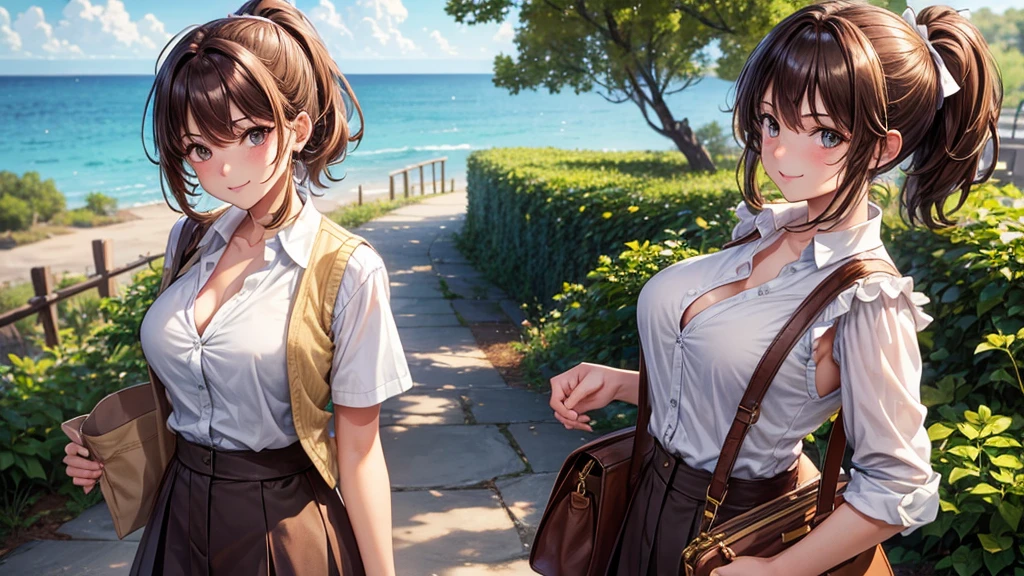 1girl, full body, solo, summer, village, trees, sun, clouds, ((brown hair)), ponytail, large breasts, ((brown vest)), button down shirt, ((white shirt)), ((short sleeved shirt)), ((unbuttoned shirt)), unbuttoning buttons, cleavage 1:3, brown eyes, skirt, smile, looking at the viewer, standing, hair ribbon, golden necklate, shoulder bag