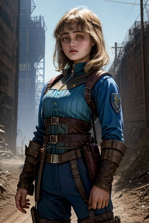 Ella Purnell, personagem, Lucy character from the fallout series, (Ella Purnell cabelo com rabo de cavalo franja cortina) uma jovem soldado seios nus, in blue costumes from the Brotherhood of Steel paramilitary faction ; e The Ghoul (Walton Goggins),