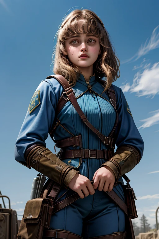 Ella Purnell, personagem, Lucy character from the fallout series, (Ella Purnell cabelo com rabo de cavalo franja cortina) uma jovem soldado seios nus, in blue costumes from the Brotherhood of Steel paramilitary faction ; e The Ghoul (Walton Goggins),