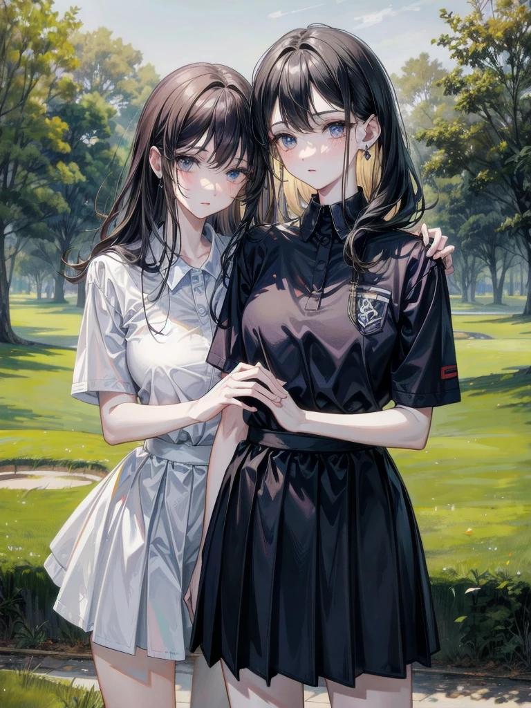 ((yuri)), ((2 girls)), (golf uniform), absurdres, RAW photo, extremely delicate and beautiful, masterpiece, Best Quality, ultra high resolution, 32k, hyperrealistic, ultra-detailed, detailed description, perfect anatomy, pale skin, 20 years old, detailed beautiful face and eyes, tearful mole, earring, short medium hair, wavy hair, whole body shot, colossal tits, 