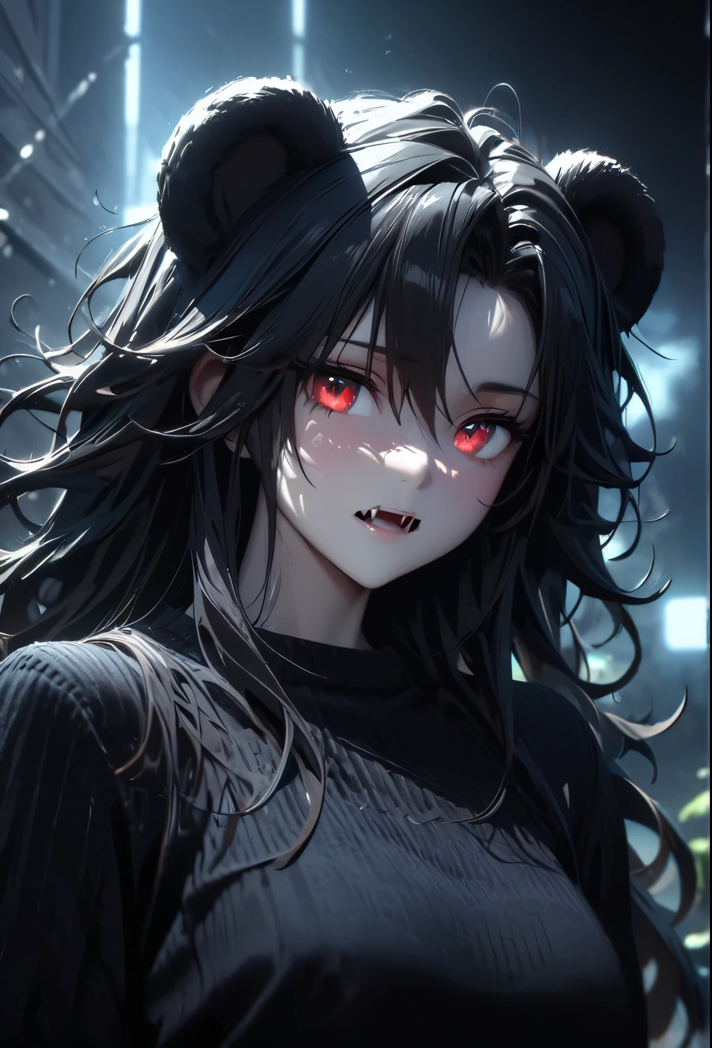 (solo), black hair, messy hair, mane hair, long hair, dense hair, wild hair, expressive hair, mature,(25 year old), pale skin, red eyes, ((woman)), beautiful girl, wearing a black sweater, beautiful, Bear ears, Showing her fangs, Giant monster, attractive, eye reflection, depth of field, thunder aura, cinematic lighting, ray tracing, depth of field, cinematic lighting, ray tracing, UHD, high details, best quality, highres, high quality, award winning, super detail, masterpiece, 8k, UHD, high details, best quality, highres, high quality, award winning, super detail, masterpiece, 8k, digital art, anime coloring, body shot, good face, perfect face, detailed face, good eyes. In a dark closet