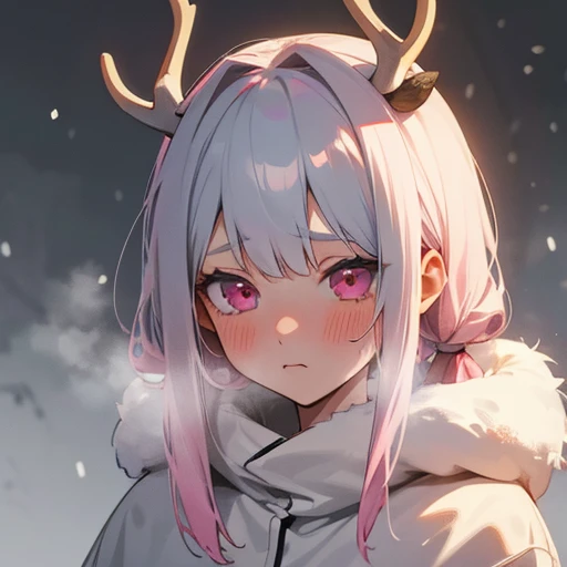 1 girl, , grey antlers, snow colored hair, pink eyes, naked, blush, shocked face