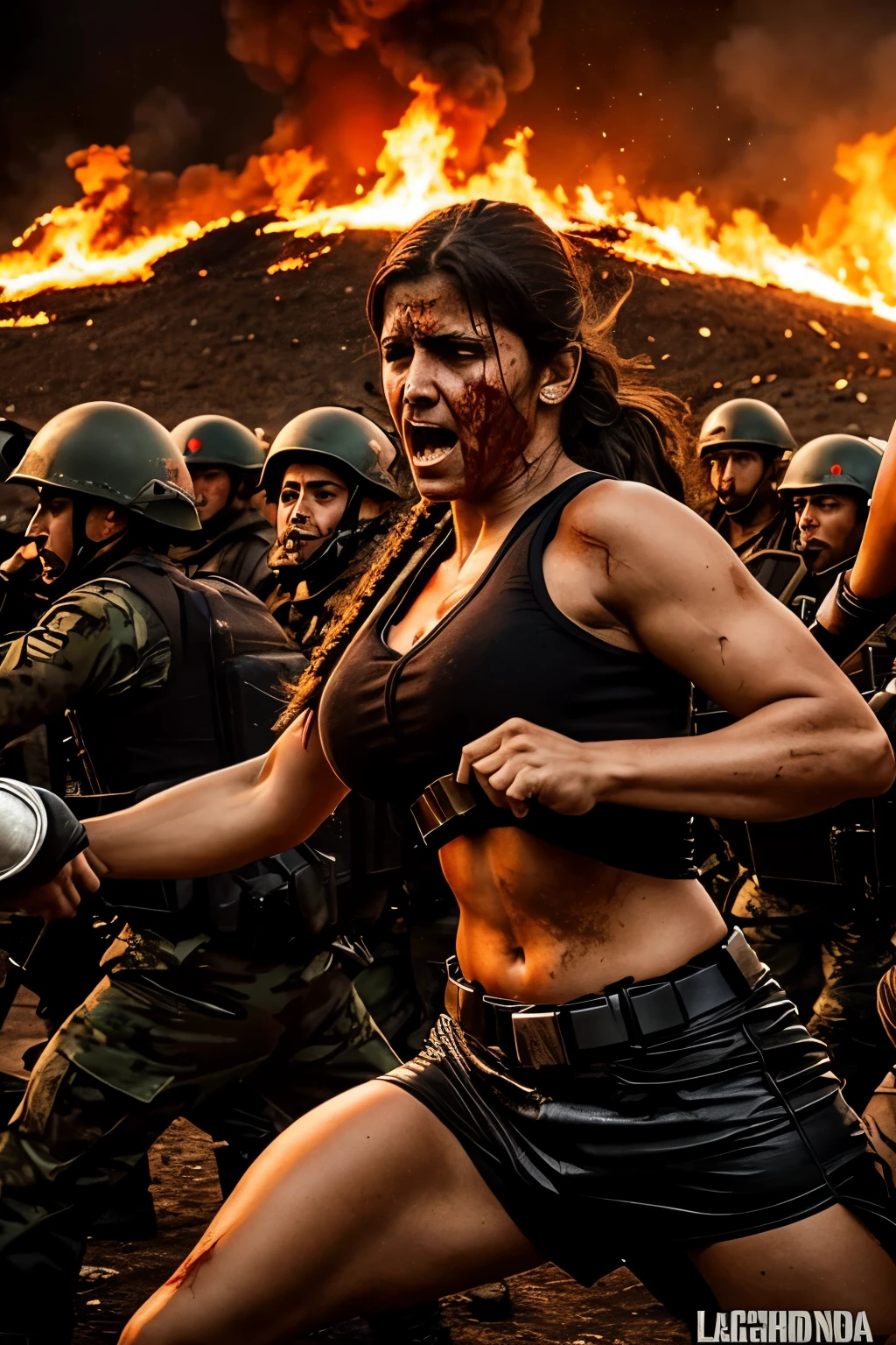 Mujer italiana y agresiva, luchando contra ejercito en el fin del mundo, fuego, sangre, zombie
