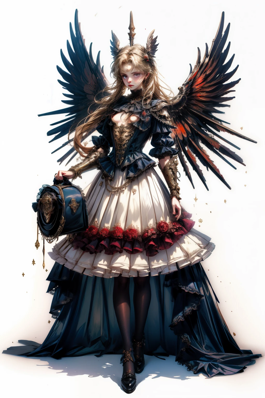((best quality)), ((masterpiece)), (detailed), blank white background, plain background, white background, Bloodborne inspired, occult aesthetic, occult, detailed and intricate steampunk and detailed gothic, NSFW, Very dramatic and cinematic lighting, cosmic horror, grim-dark, side-lighting, perfect face, a beaituful goddess valkyrie adorned and enshrined in armour, Bloodborne inspired valkyrie, occult aesthetic valkyrie, occult valkyrie, detailed and intricate steampunk and detailed gothic valkyrie, NSFW, Fluttering lace flared long knee length dress with frilly petticoats, knee length dress, pleated petticoats, lolita dress, petticoats gothic lolita, side-lighting, gothic lolita aesthetic, beautiful small breasts, small breasts, full body, whole body, body, plain background, white background, blank background, no background, white background