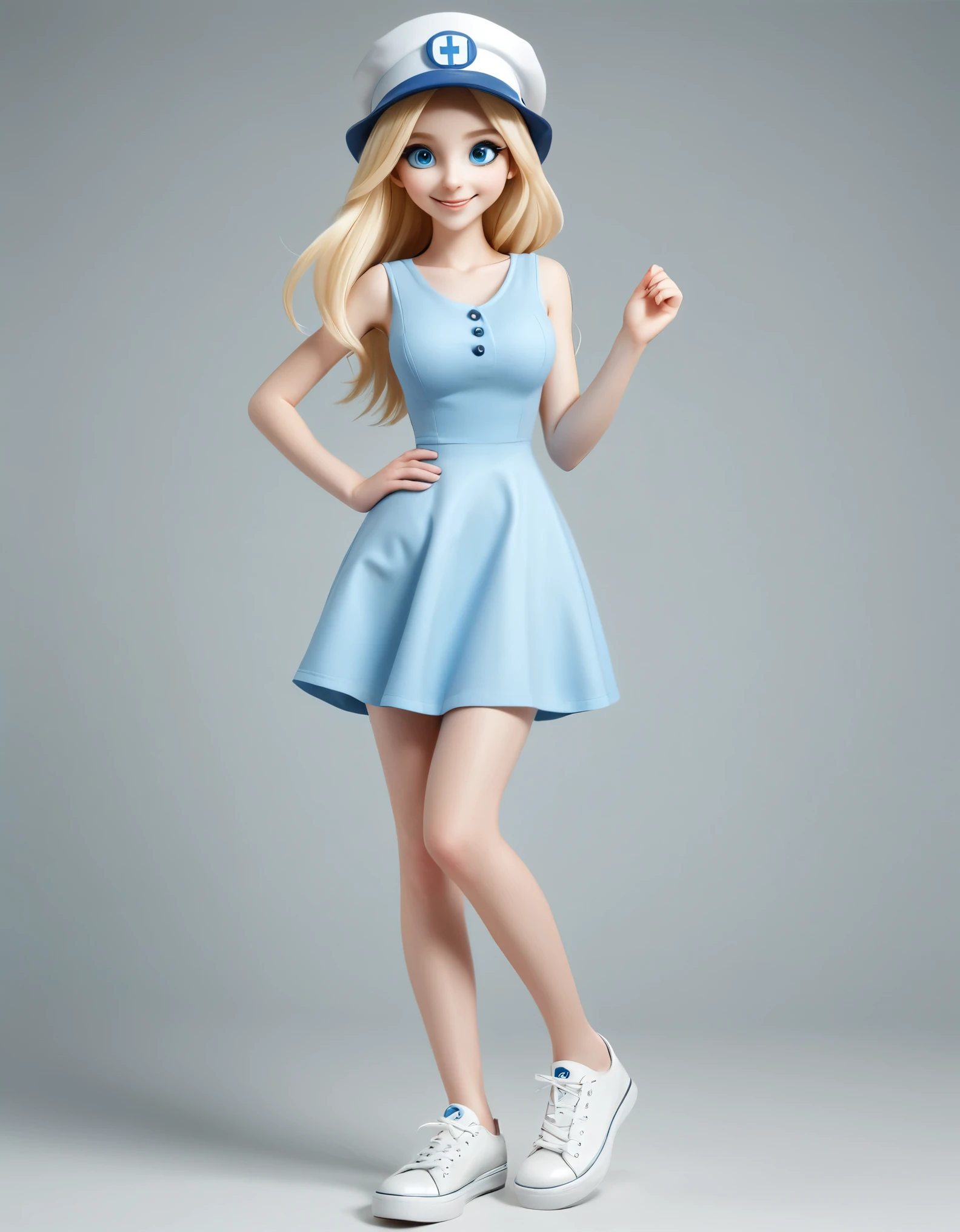Create an image of a cheerful blue-skinned female character with long blonde hair. The character has large, expressive eyes with black pupils and white highlights, giving a lively and friendly expression. The character is wearing a white hat, a white sleeveless dress, and white shoes. The character is depicted in a dynamic, playful pose with one leg bent and arms slightly raised, as if mid-dance or jump. The background should be plain white to keep the focus on the character.
