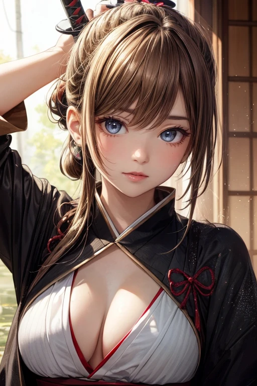 (masterpiece), (Best quality), 1 chubby Russian girl, samurai, (chestnut color, long hair tied in a ponytail)(golden brown sparkling eyes), holding a sword, help, Japanese house background, detailed gorgeous face, perfect shading, dramatic lighting, very detailed, complex parts,