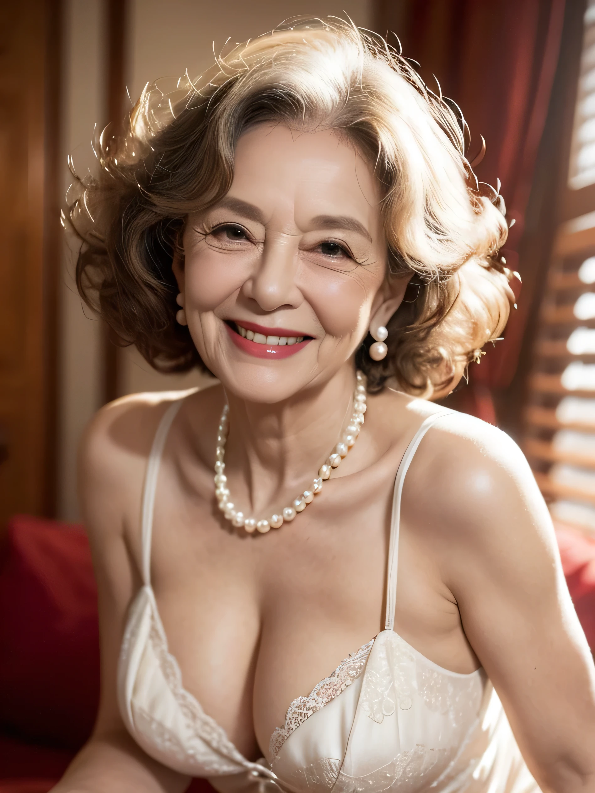 Beautiful old woman, smile,sexy,80 years old, curly hair,sexy,wearing a pearl necklace,Beautiful older woman, cute,smile,sexy,80 years old,,sexy,wearing a pearl necklaceold woman,busty,Curly hair