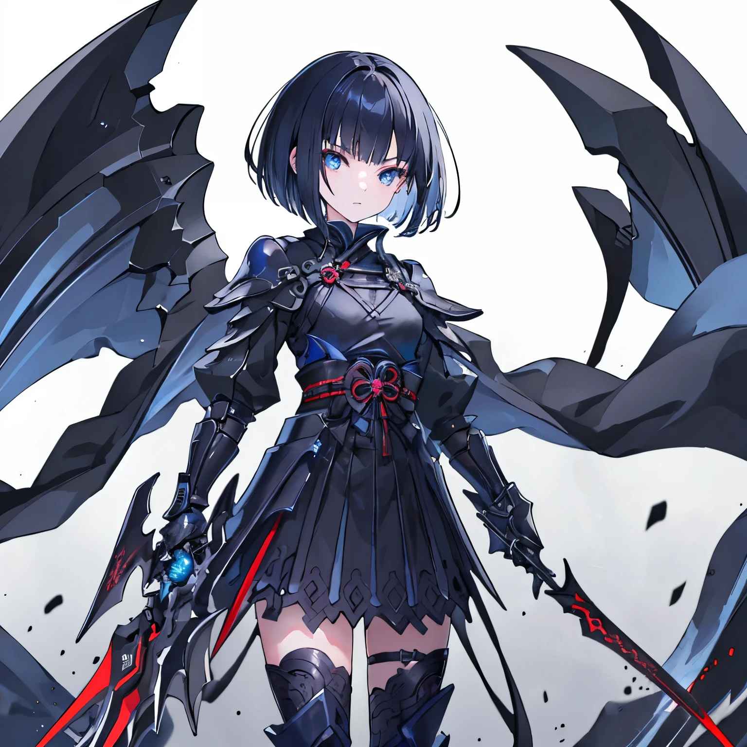Tabletop, highest quality), (Perfect athletic body:1.2),,blue eyes、Black Hair、The inside of the hair is blue、Bobcut、Very detailed, Anime Style, whole body, Dual wields long black great swords, Wear tech boots, 8K High Resolution, Trend Art Station, White Background, Standing in the Wilderness, whole body,Dressed in a black jacket、The Woman of Arafed,A very beautiful samurai(masterpiece), highest quality, Expressive eyes, Perfect Face, Super detailed, One girl, alone